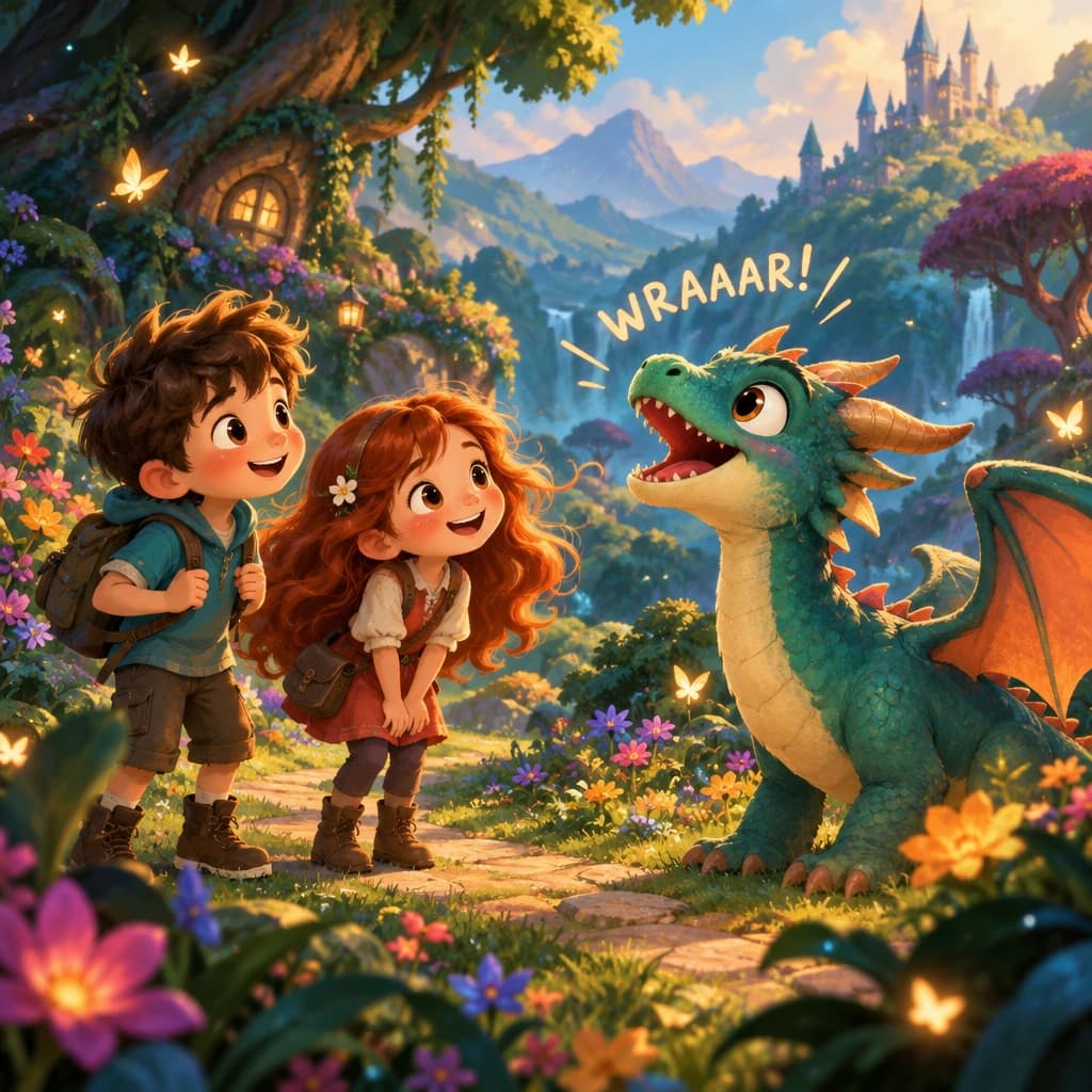 A boy and girl meet a friendly dragon in a magical garden, illustrated in Cinematic Wonder style