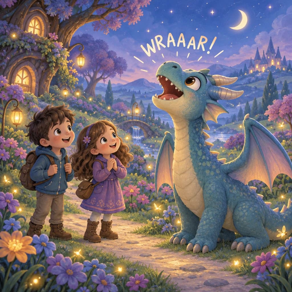 A boy and girl meet a friendly dragon in a magical garden, illustrated in Cozy Bedtime style