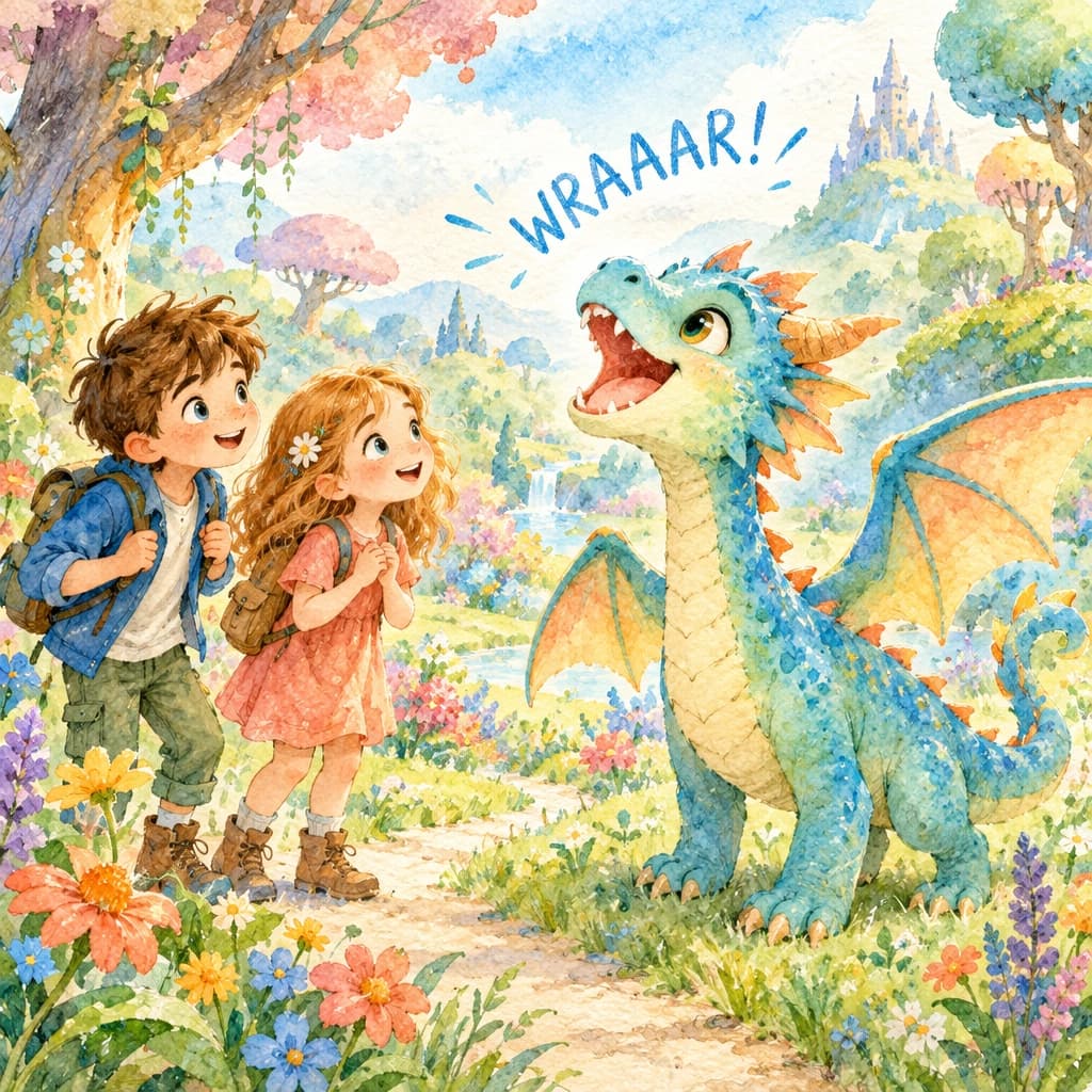 A boy and girl meet a friendly dragon in a magical garden, illustrated in Dreamy Watercolor style