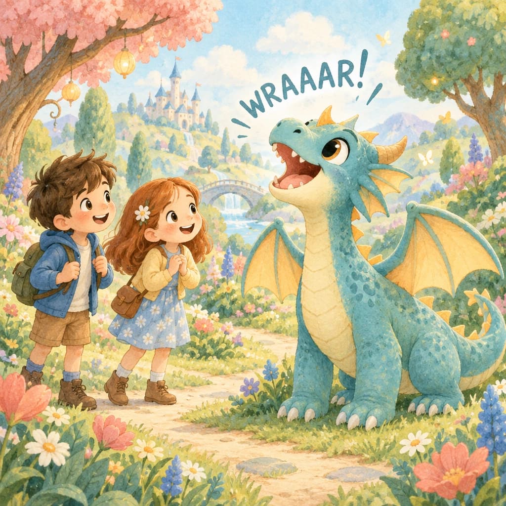 A boy and girl meet a friendly dragon in a magical garden, illustrated in Soft Pastel Storybook style