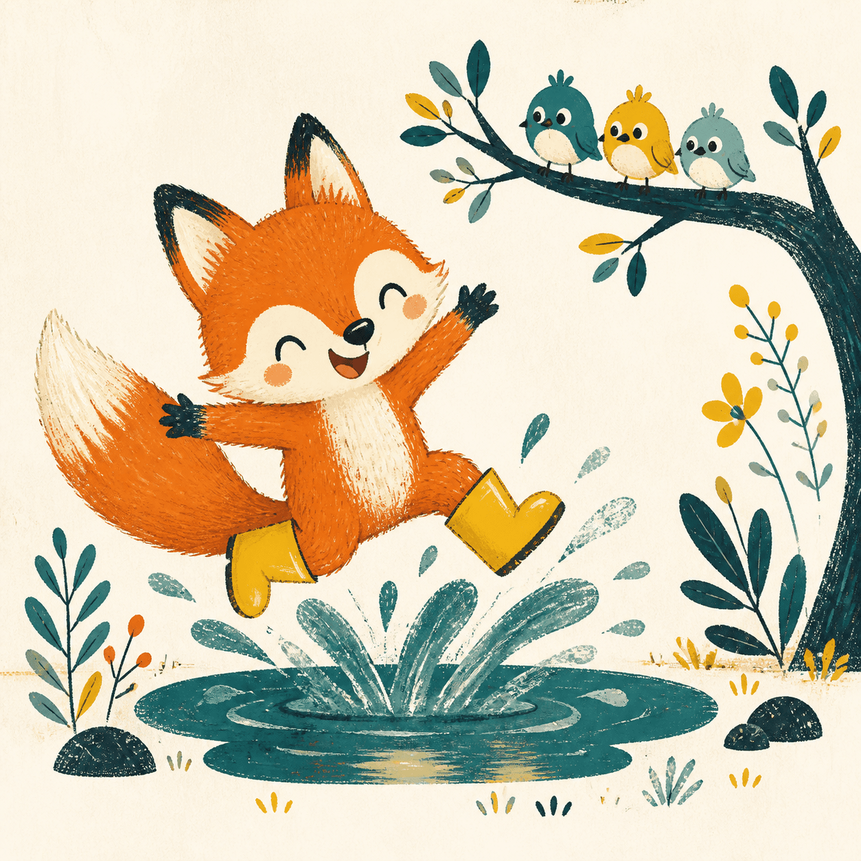 A whimsical gouache storybook scene with a child on an adventure